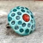 Red And Turquoise Ring, Ceramic Red Jewelry Spring..