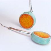 Orange and aqua earrings, spring fashion, ceramic jewelry