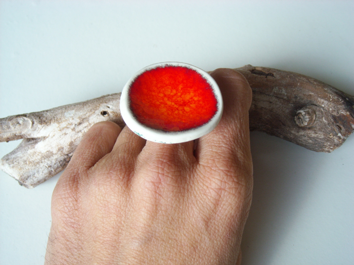 Round Red And And White Ring, Fashion Jewelry, Ceramic