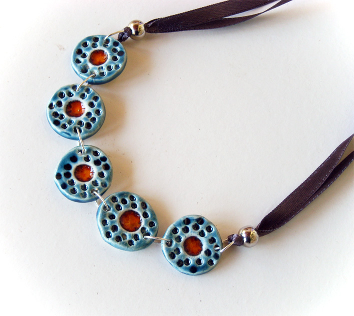 Statement Necklace In Shades Of Blue And Red Ceramic Jewelry Spring Collection